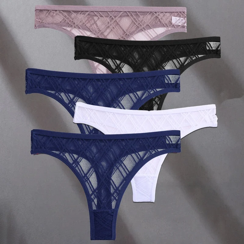 FINETOO 5PCS/Set Lace Sexy Women Thongs Floral Perspective G-string Lingerie Panties Low-Waist Femme Girls Underwear Mesh Pantys