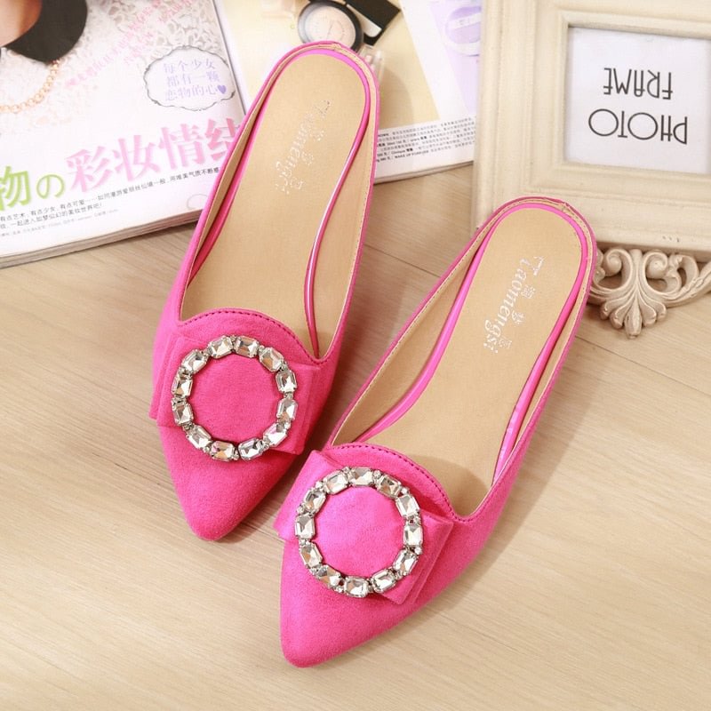 Large-Size Rhinestone Leopard Sandals Baotou Lazy Slippers Pointed Flat Shoes Women's