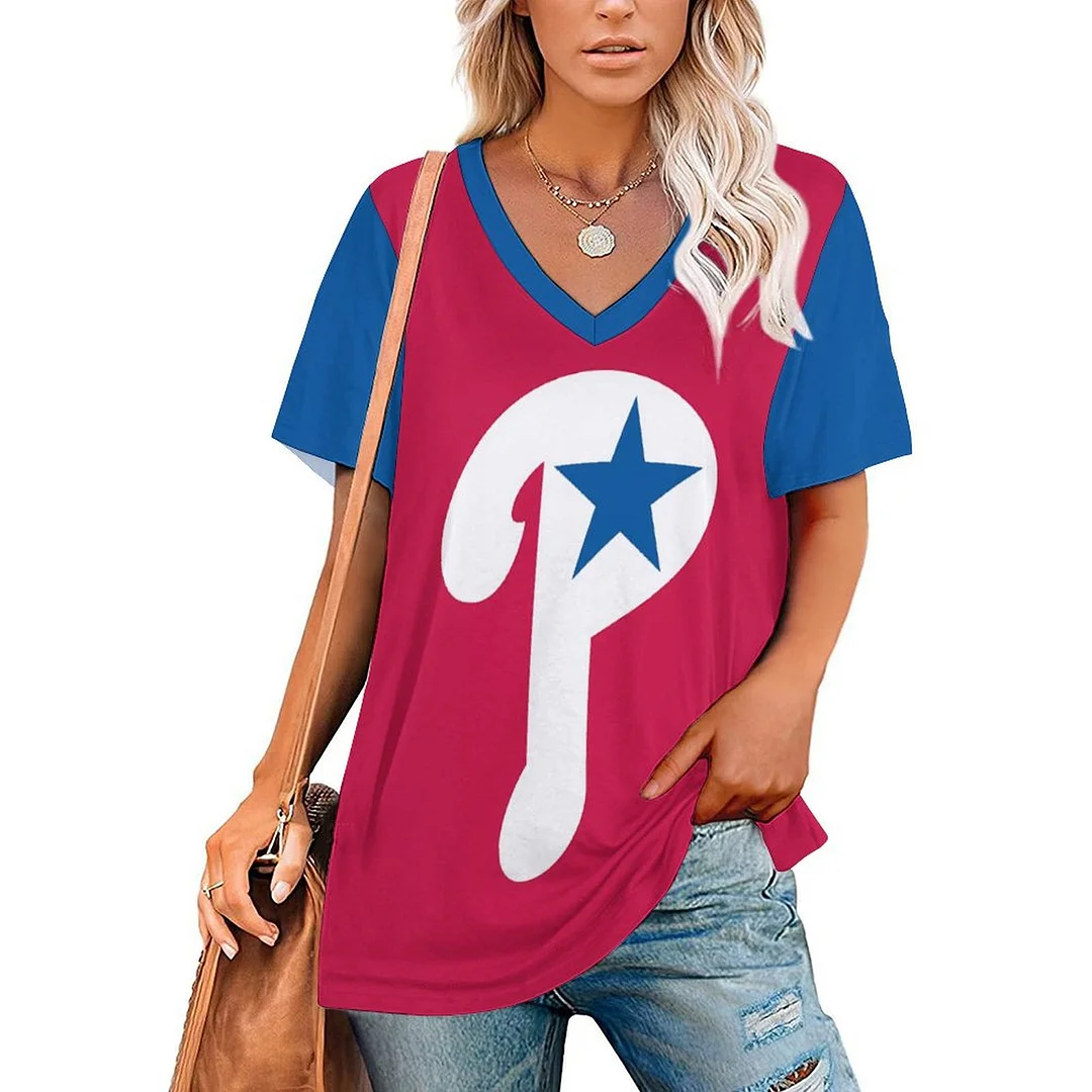 V-neck Short Sleeve Casual T-shirt for  Women Printed with Pattern Philadelphia Phillies, Blue, Red