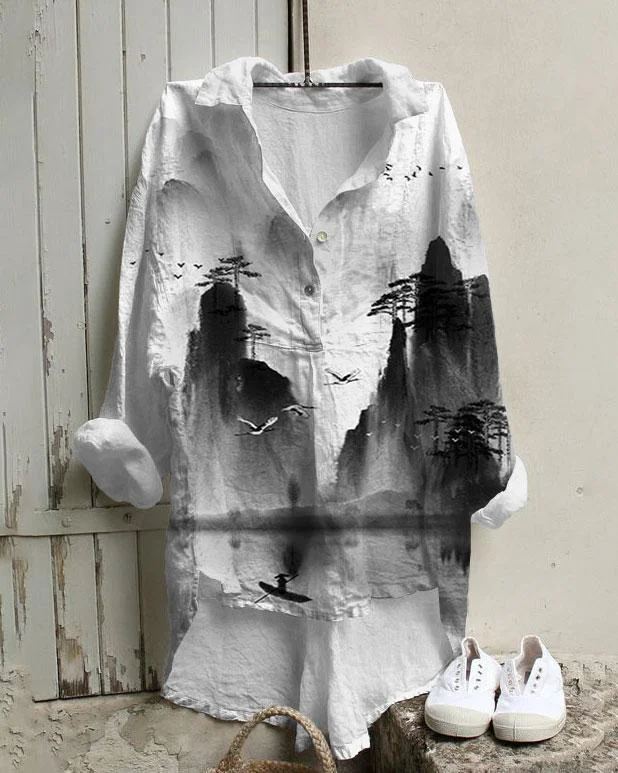 Ink Landscape Flying Crane Print Cotton And Linen Tunic Shirt