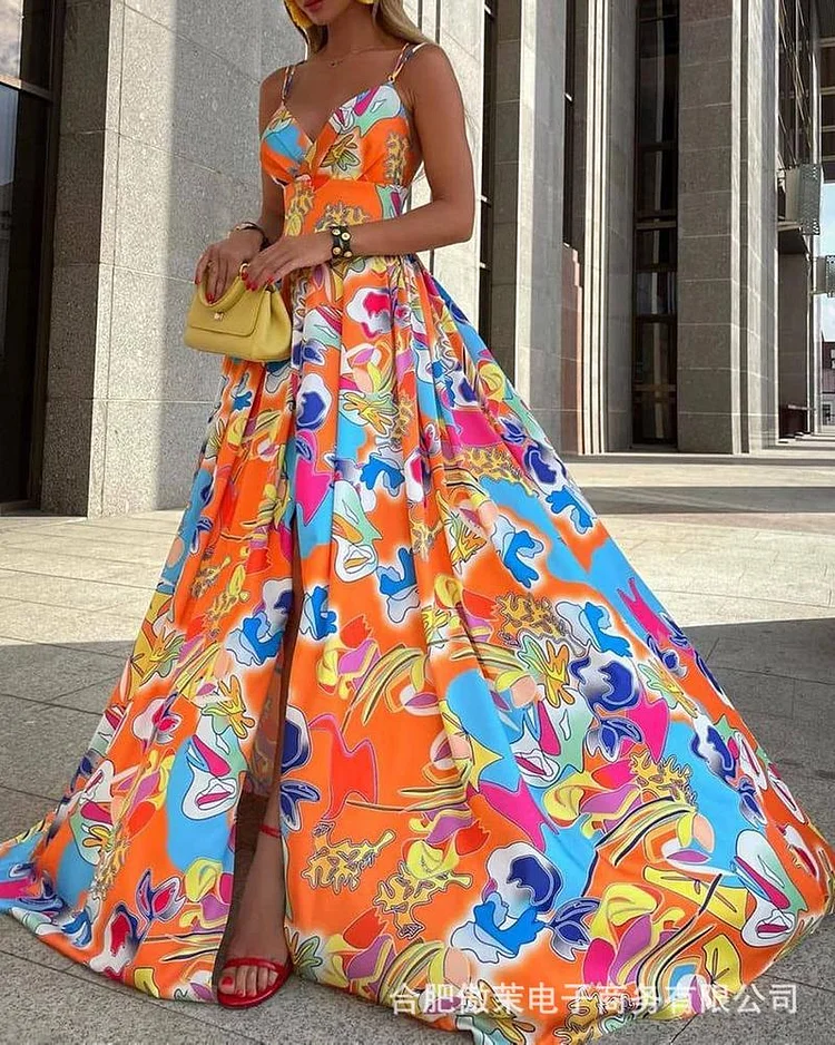 New Women's Elegant Sexy Sleeveless Backless V-Neck Print Slim Party Prom Dress