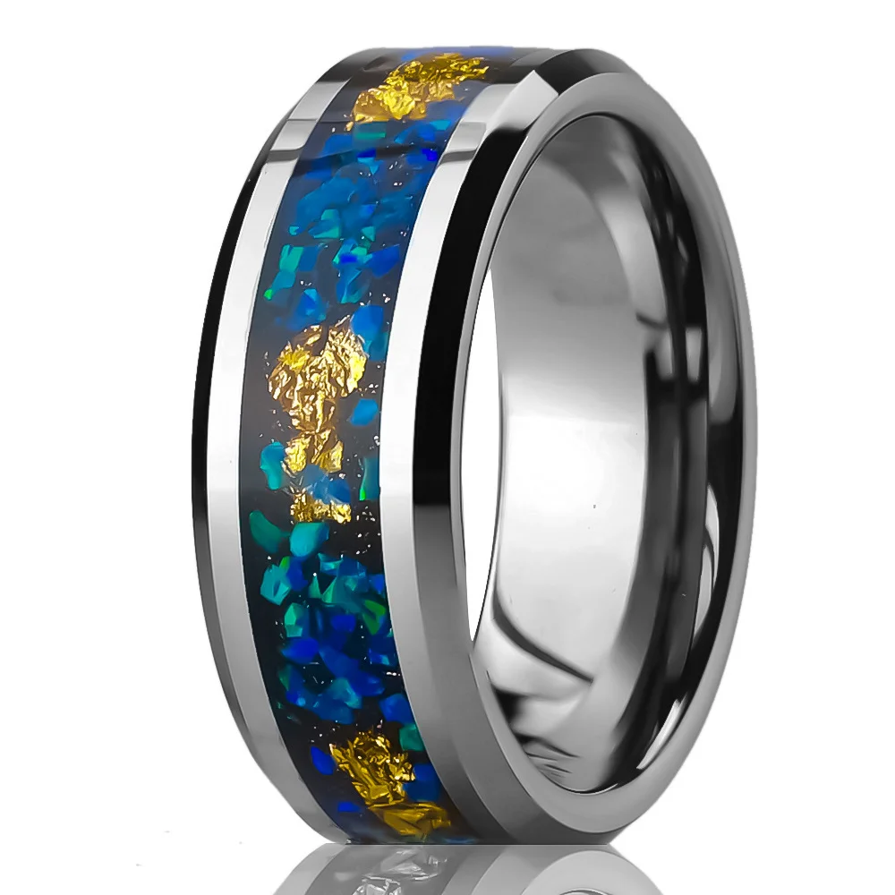 8MM Mens Women Flat Beveled Tungsten Rings Blue Opal and Gold Foil Wedding Bands