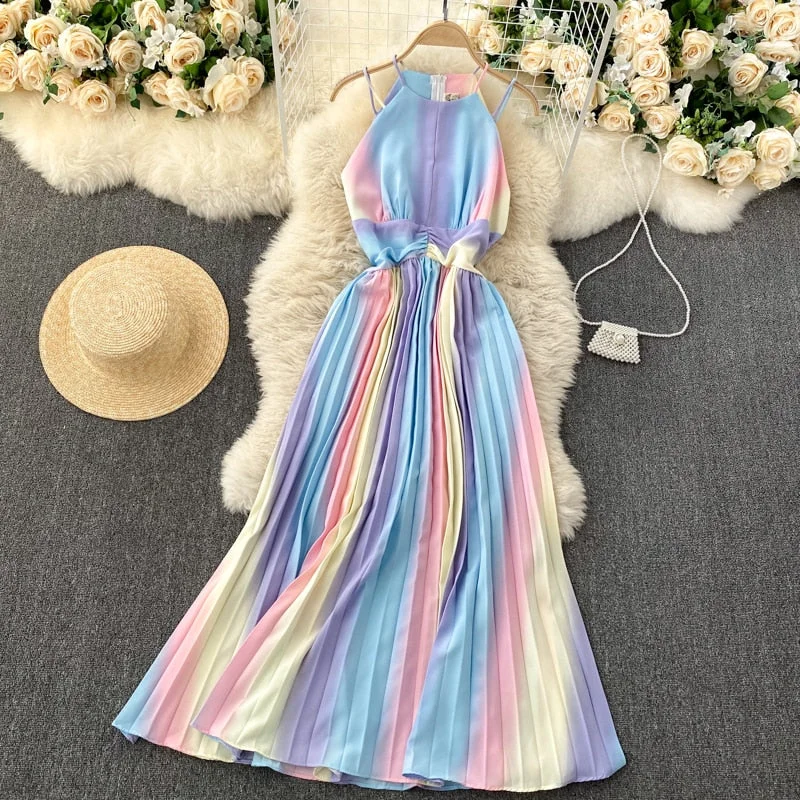 Long Dresses For Women 2021 Gradient Color Vacation Boho Beach Summer Dress Sleeveless Halter Spaghetti Strap Sexy Pleated Dress