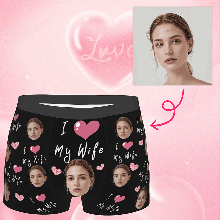 【Byxhuc】Customized Boxers with Face, I Heart My Wife Custom Face Boxers, Christmas Anniversary Thanksgiving Birthday Gifts for Boyfriends Husband Him Mens