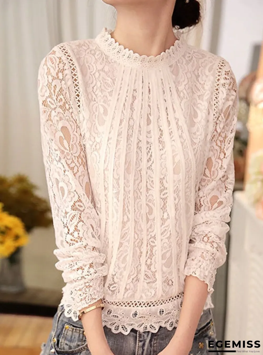Band Collar Embroidered Lace Blouses | EGEMISS