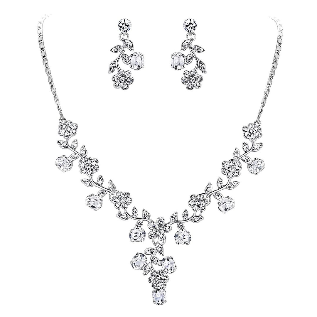 EVER FAITH Flower Leaf Necklace Earrings Set Austrian Crystal
