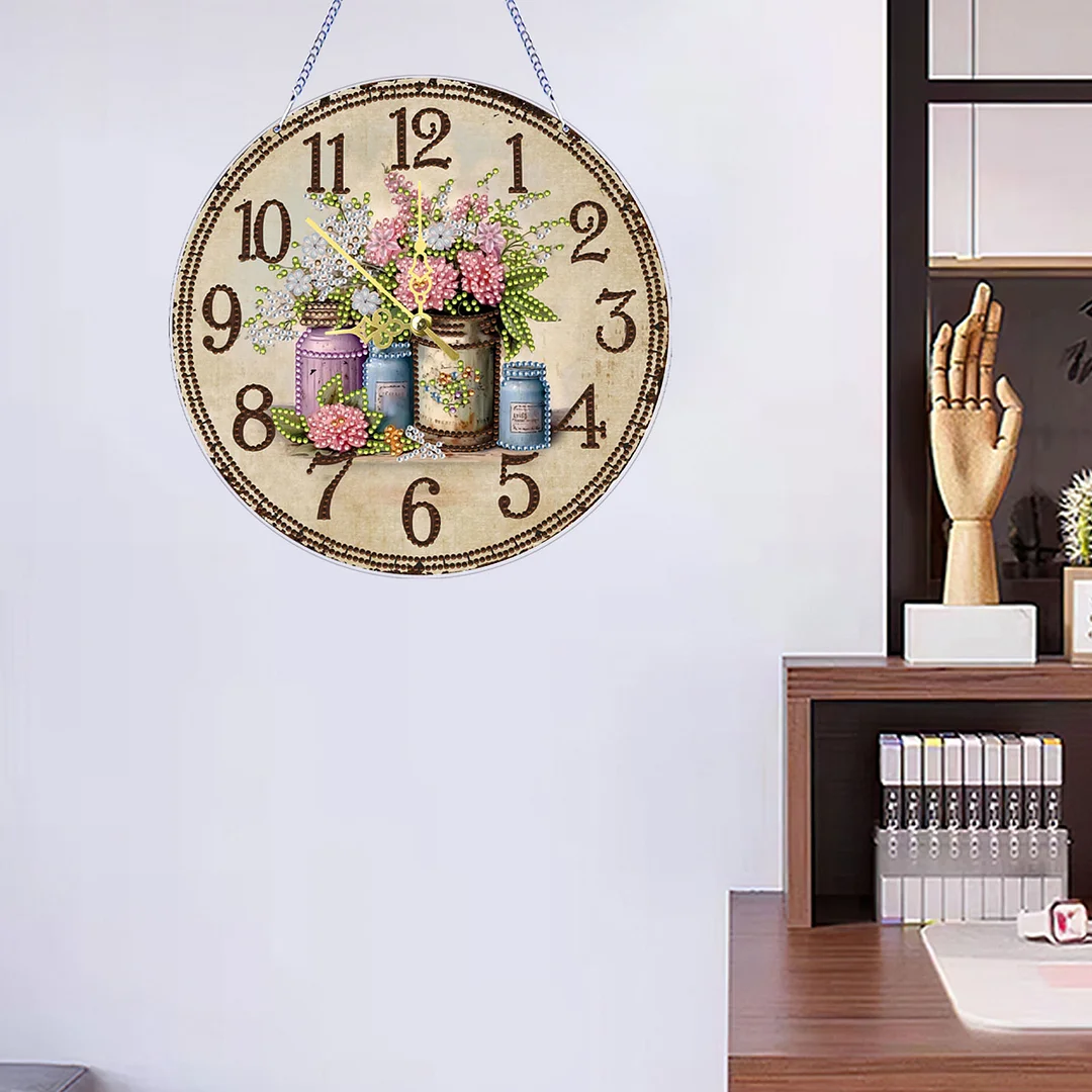 2D DIY Acrylic Vintage Vase Diamond Art Painting Clock Pendant w/ Clock Function