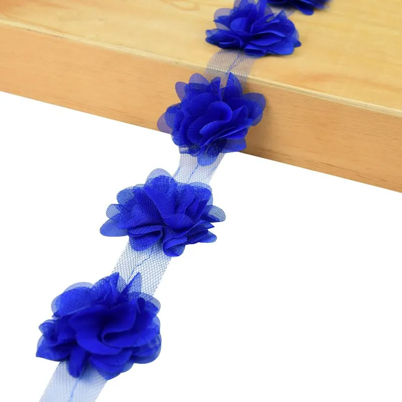 2Yards 24Pcs Flowers 3D Chiffon Cluster Flowers Lace Dress Decoration Lace Fabric Applique Trimming DIY Crafts Sewing Supplies