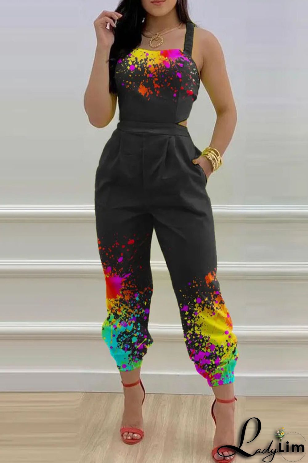 Blue Sexy Print Split Joint Backless Regular Jumpsuits