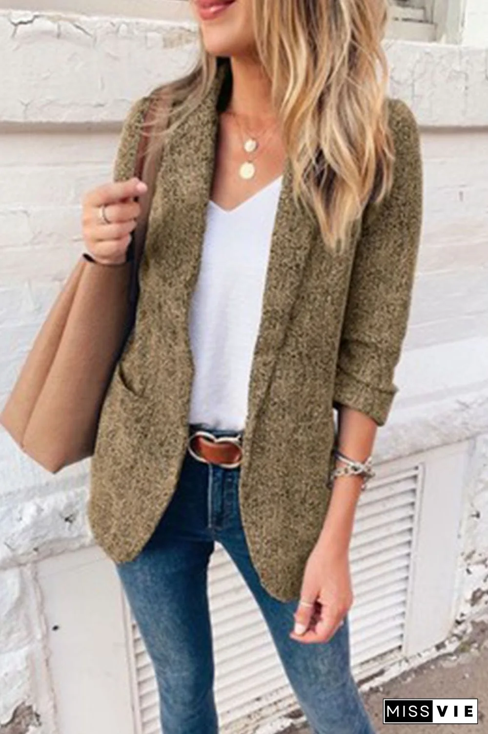 Fashion Work Street Patchwork Split Joint Turn-Back Collar Outerwear(3 Colors)