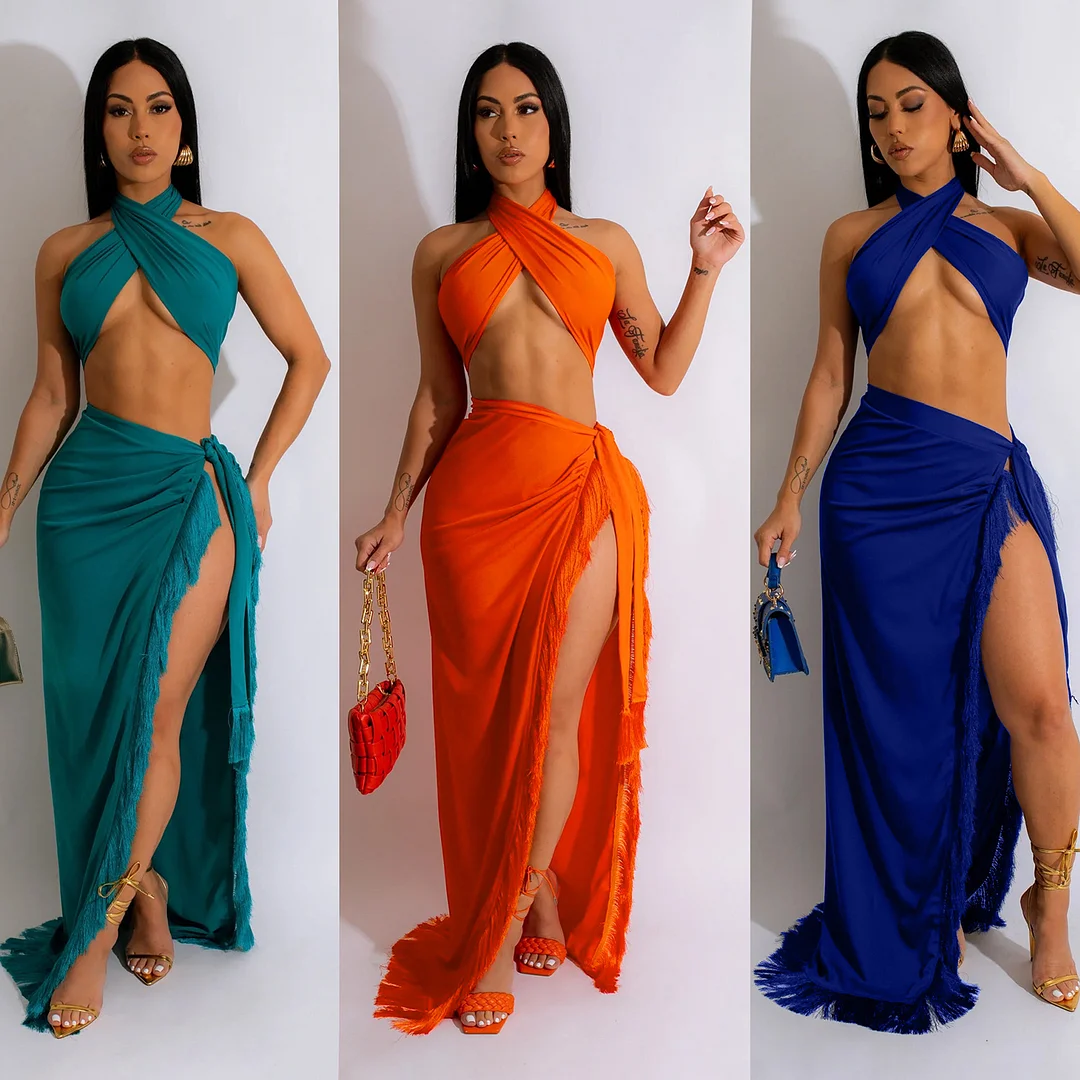 Sexy Wrapped Chest Strappy Tassel Skirt Two-Piece Set | IFYHOME