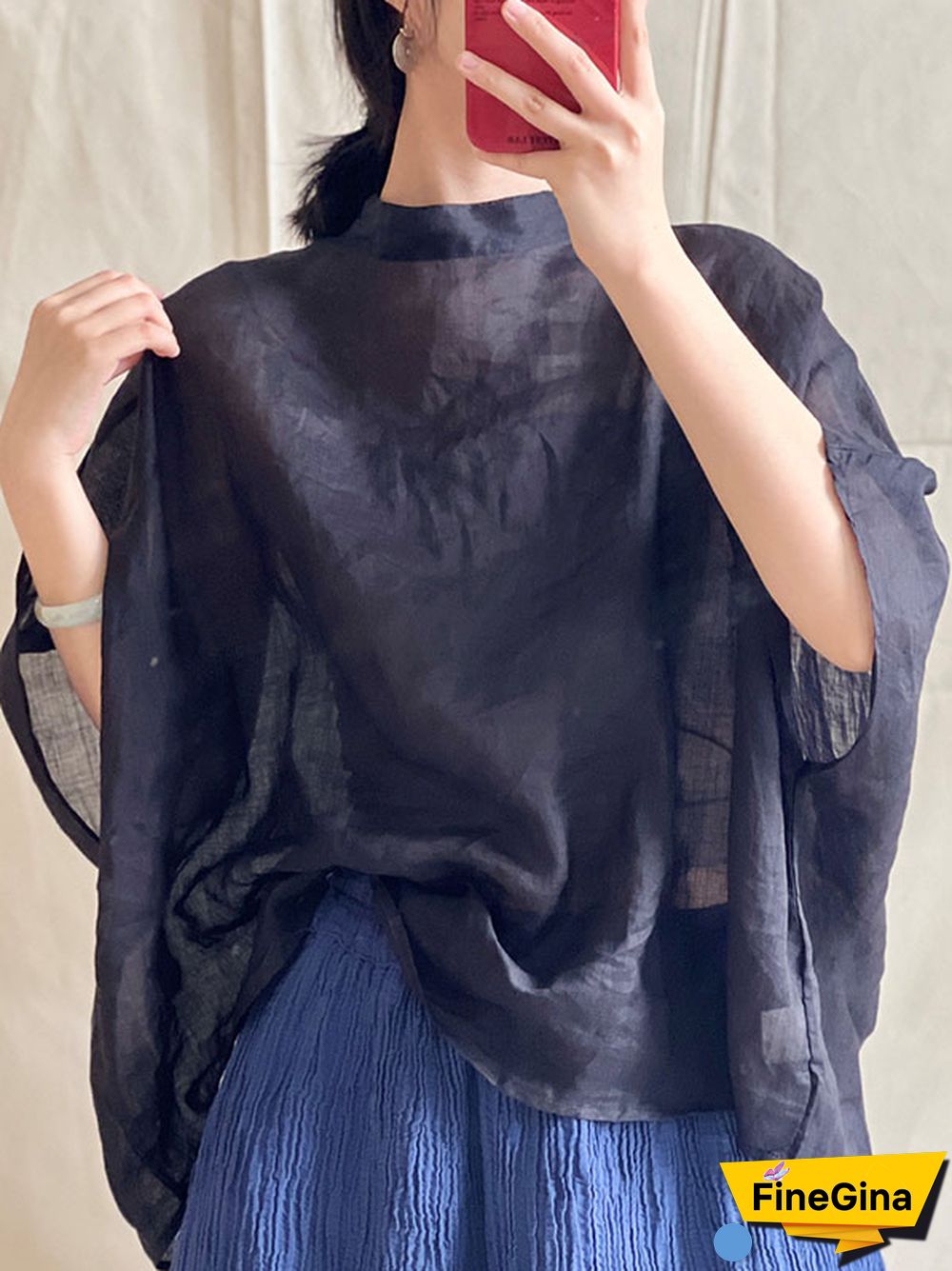 Batwing Sleeves Loose Lace-Up See-Through Solid Color Stand Collar Shirts Tops