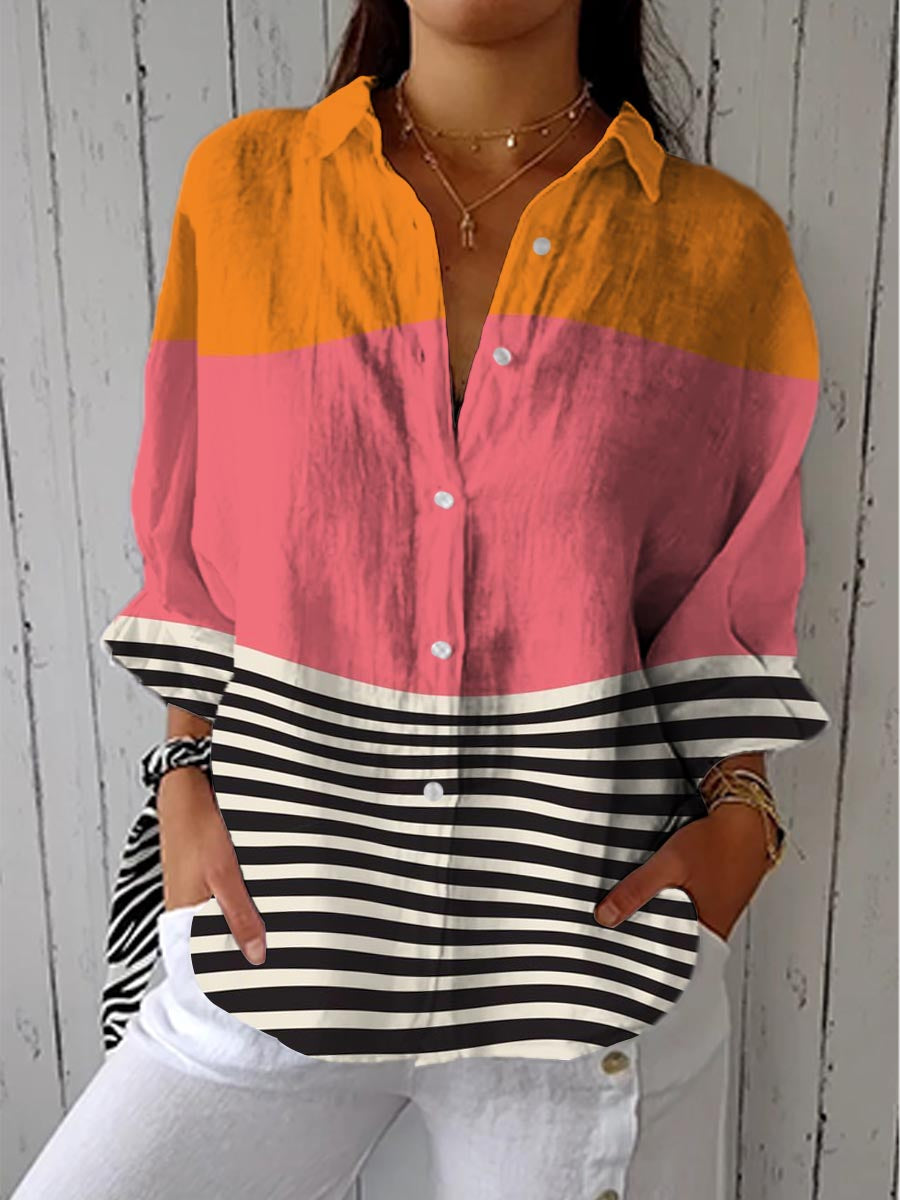 Women's Abstract Line Pattern Art Print Casual Cotton Linen V-neck Shirt