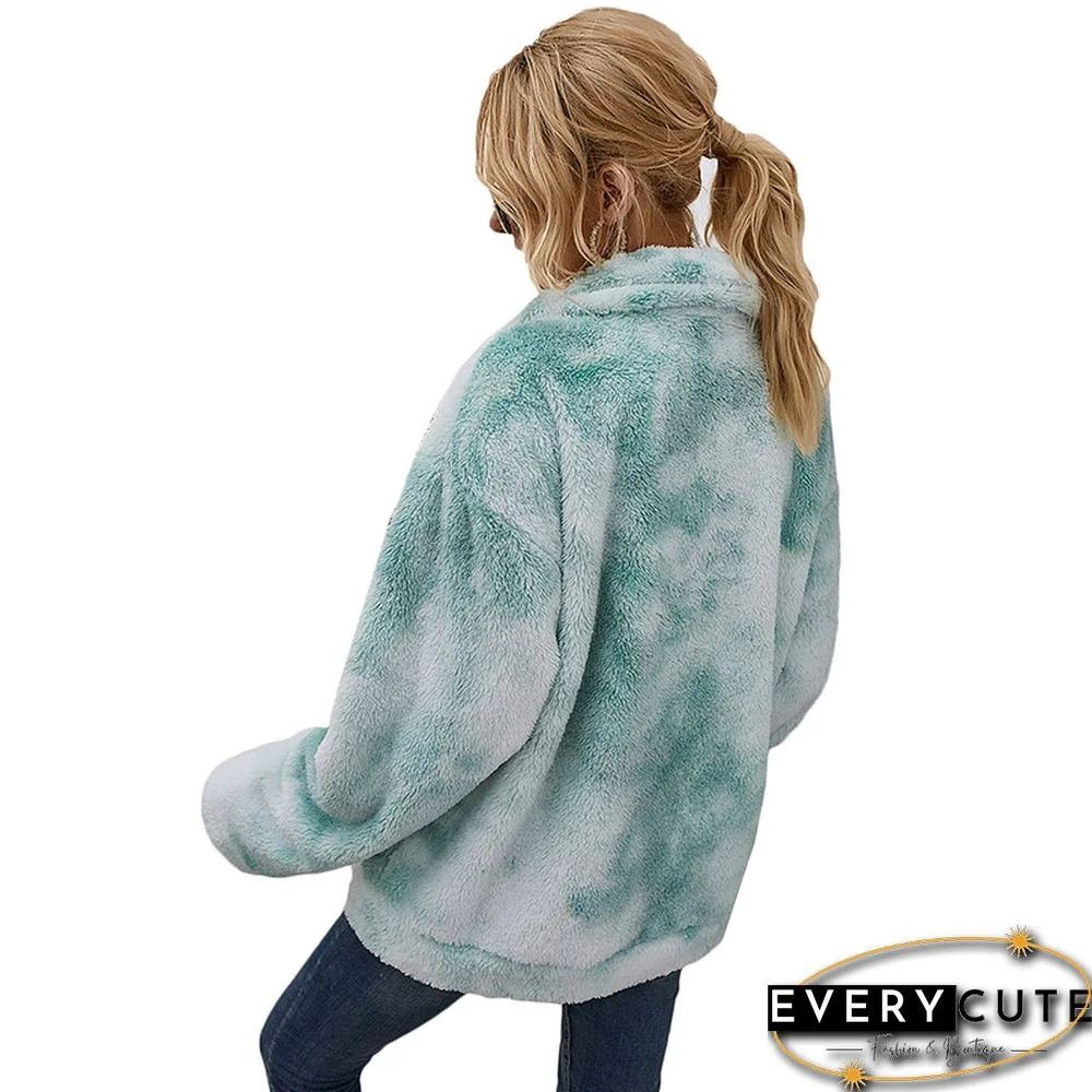 Light Green Tie Dye Zippered Furry Jacket