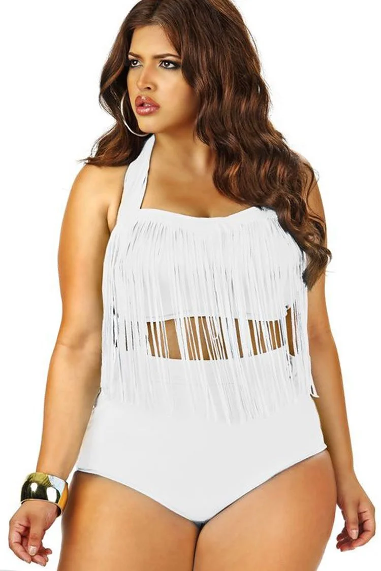 Plus Size Timeless Fringed Halter Bandeau Bikini - Two Piece Swimsuit-elleschic