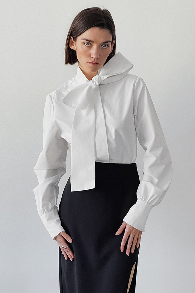 Stand Collar Tie Up Bow Long Sleeve Shirt-White