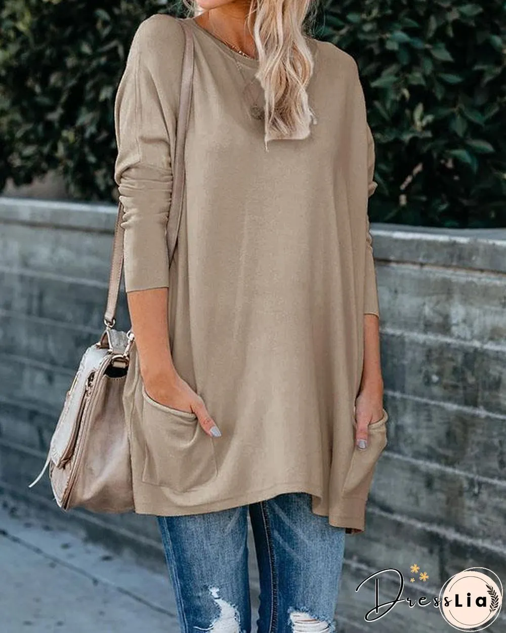 Plus Size Women Cotton Plain Color Pockets Long Sleeve Top