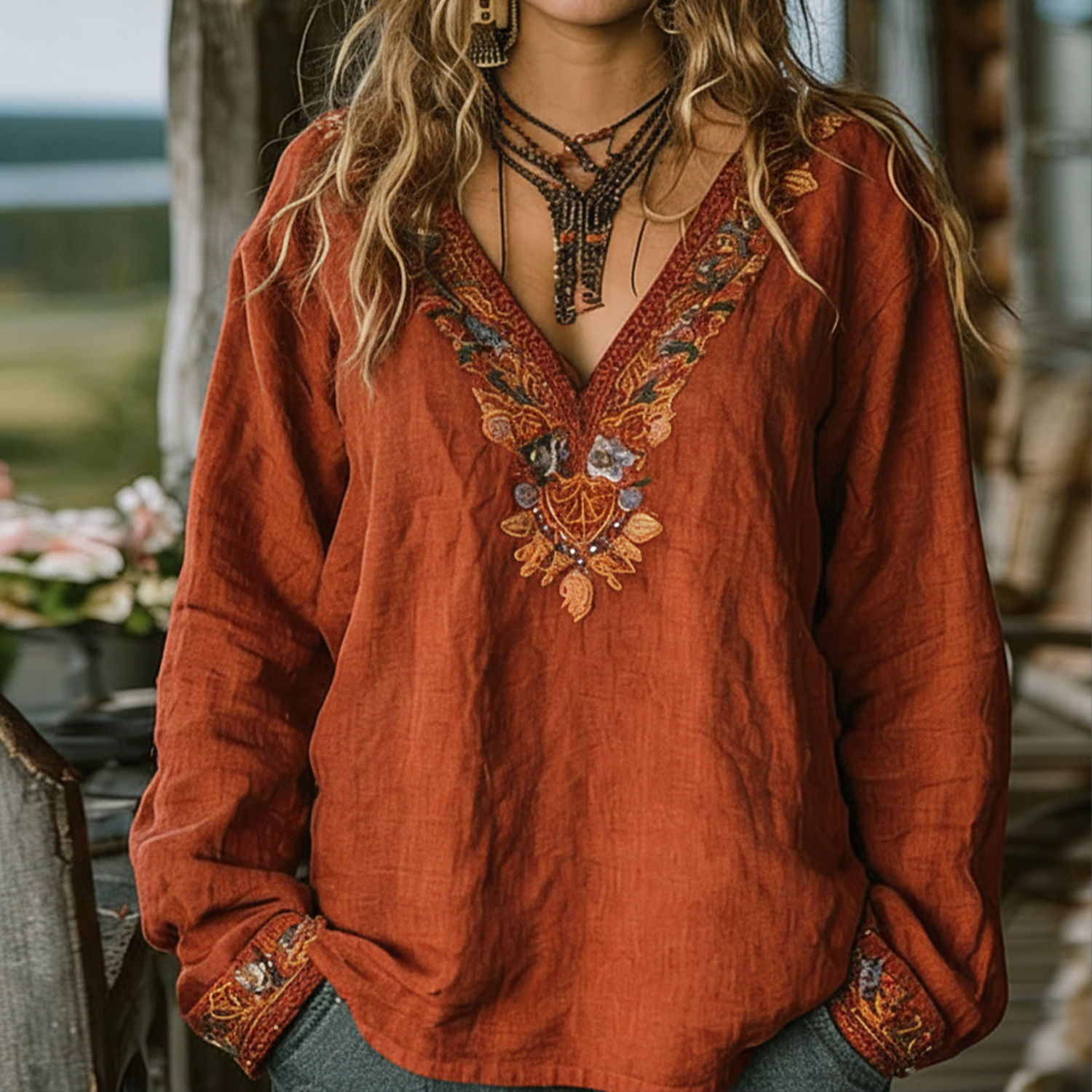 Cotton Blend Embroidered Boho Shirt For Women Long Sleeve V-Neck Loose Fit Top With Lace Detailing - Helixace