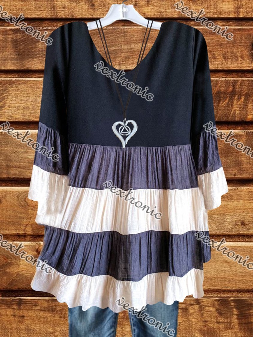 Women Casual 3/4 Sleeve Round Neck Stitching Tops Dress