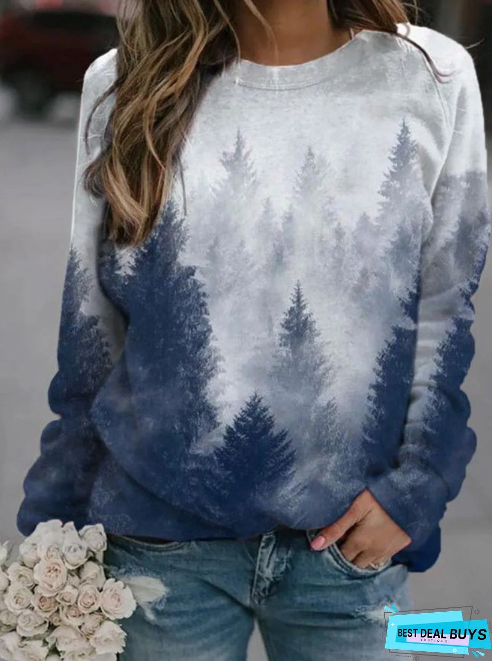 Casual Cotton-Blend Forest Printed Sweatshirt