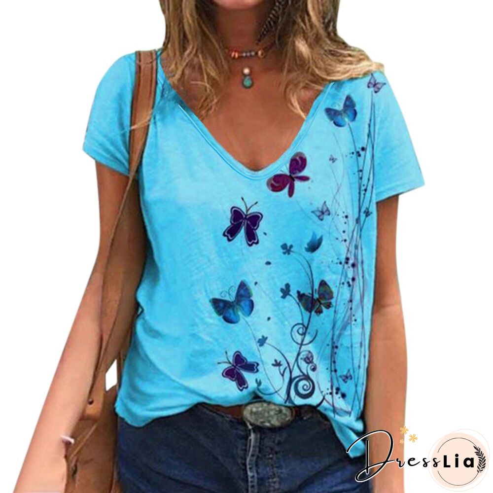 Women Short Sleeve V Neck Casual Tops Summer Fashion Butterfly Print Vintage Tops Pullover Female Elegant Streetwear T-Shirt D30