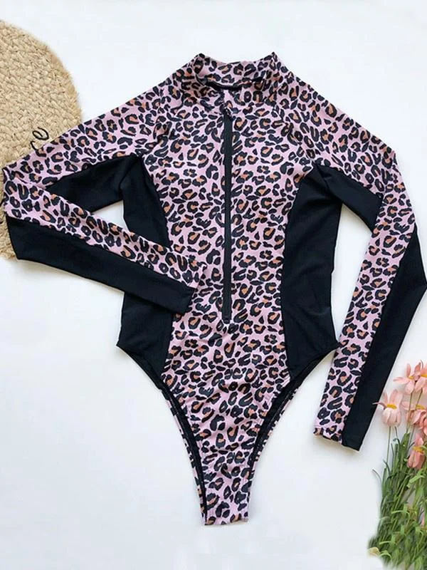 Leopard-Print Zipper Long Sleeves Wetsuit