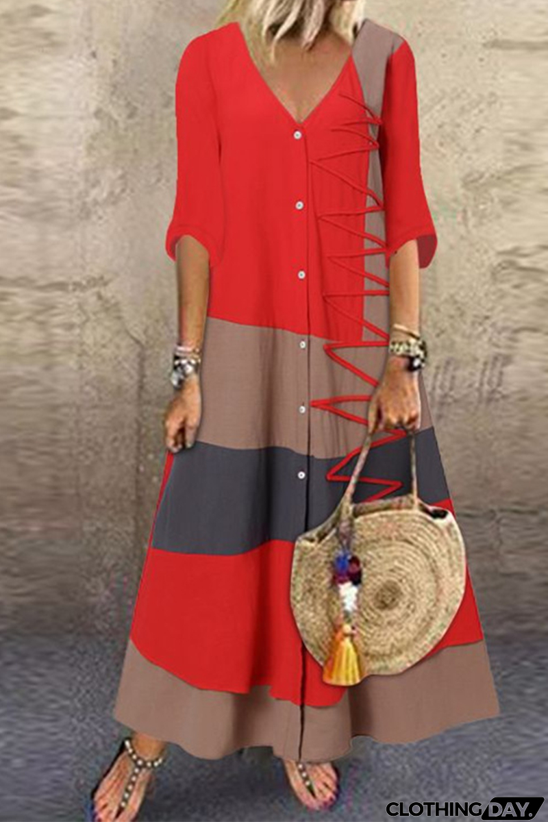 Fashion Patchwork Buttons V Neck Straight Dresses(4 Colors)