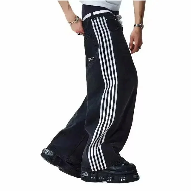 Aonga Streetwear Jeans Y2K Mens Womens Harajuku Hip Hop Sakura Embroidery Retro Patch Heavy Baggy Jeans High Waist Wide Leg Trouser aonga