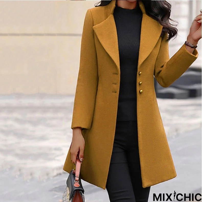 Long Lapel Slim Solid Color Slim Woolen Coat