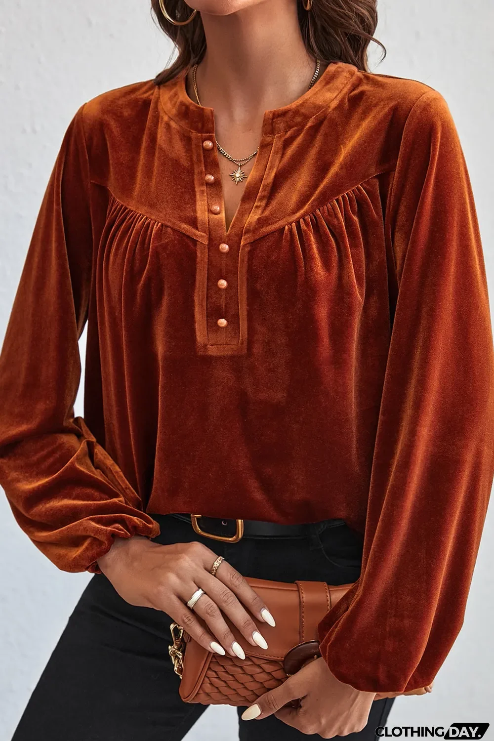 Lantern Sleeve Beaded Split V Neck Velvet Top