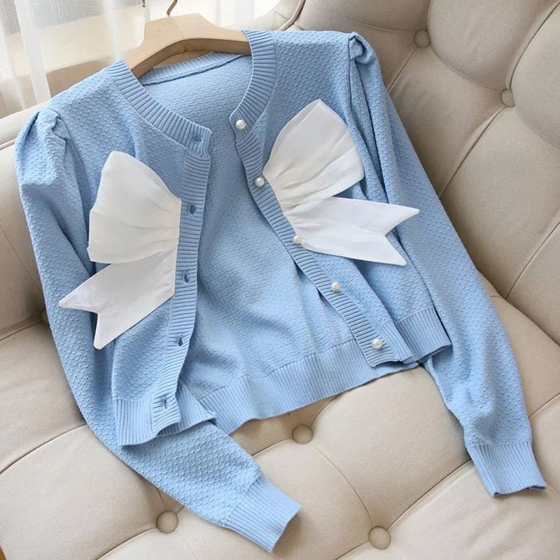 Billlnai  2023 Korean Sweet Bowknot Sweater Cardigan  Autumn Winter Short Knitted Coat Long Sleeve Women Slim Knitwear Black Blue White