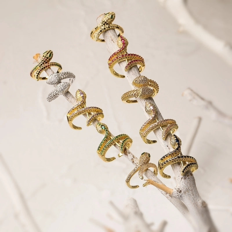 Minimalist Snake Copper Plating Inlay Zircon 18k Gold Plated Open Rings
