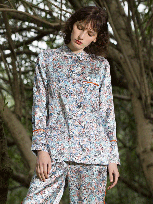 Luxury Nattier Blue Chic Geometric Print Silk Pajamas Set For Women-luxurysilklife