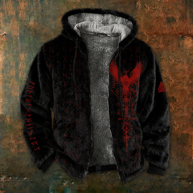 Men's Viking Print Plush Warm Zipped Hooded Jacket elevenforest
