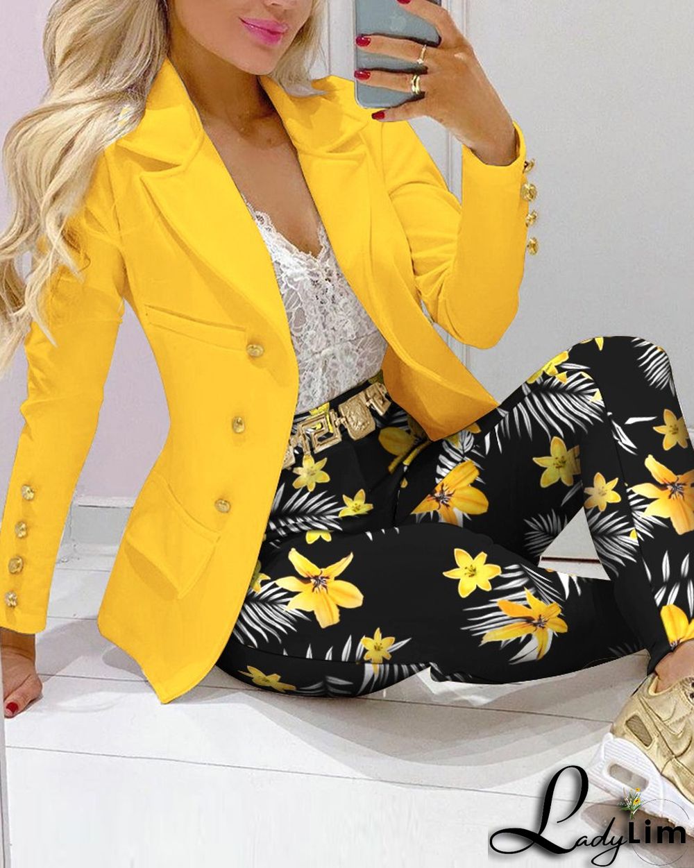 Fall Casual Fashion Suits Women's Print Blazer and pants two piece set