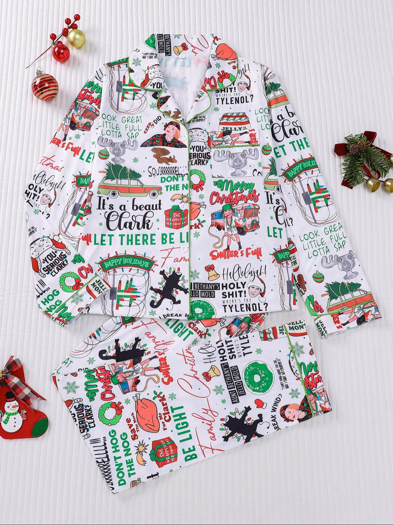 【Christmas Pajamas】It's A Beaut Clark Christmas Women's Set, Long Sleeve Button Front Top & Elastic Pants, Soft Comfortable Holiday Sleepwear & Loungewear for Women
