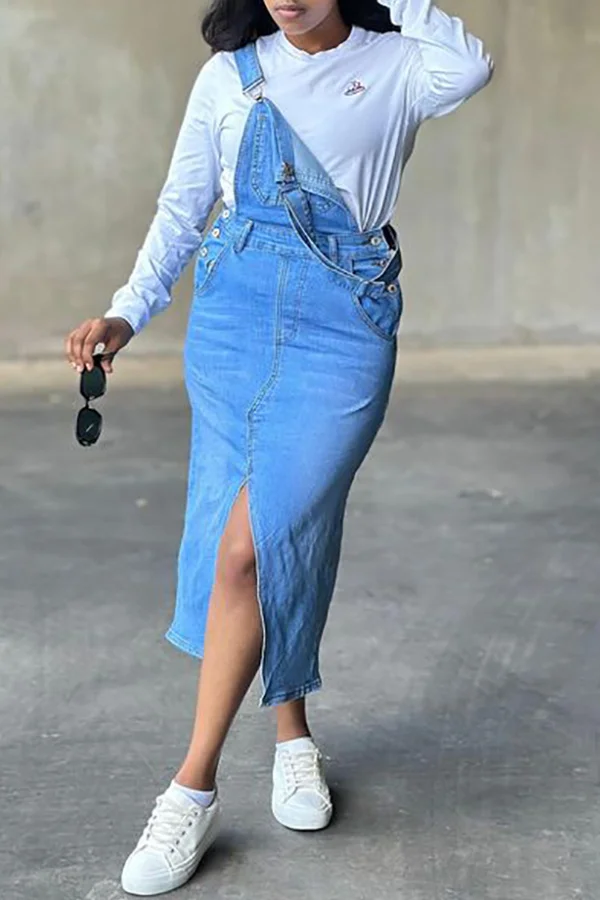 Casual Pocket Slit Denim Dress