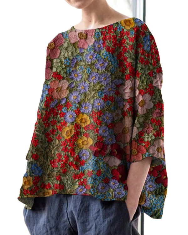 Vintage Floral Embroidery Print Round Neck Linen Loose Top