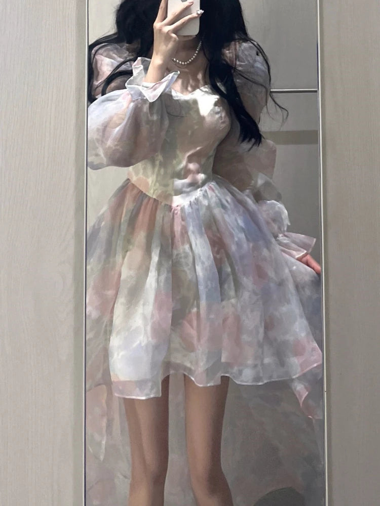 Aiertu Sweet Elegant Floral Midi Dress Women Casual Korean Puff Sleeve Fairy Dress Female Beach Vintage Party Dresses 2024 Summer Chic Aiertu