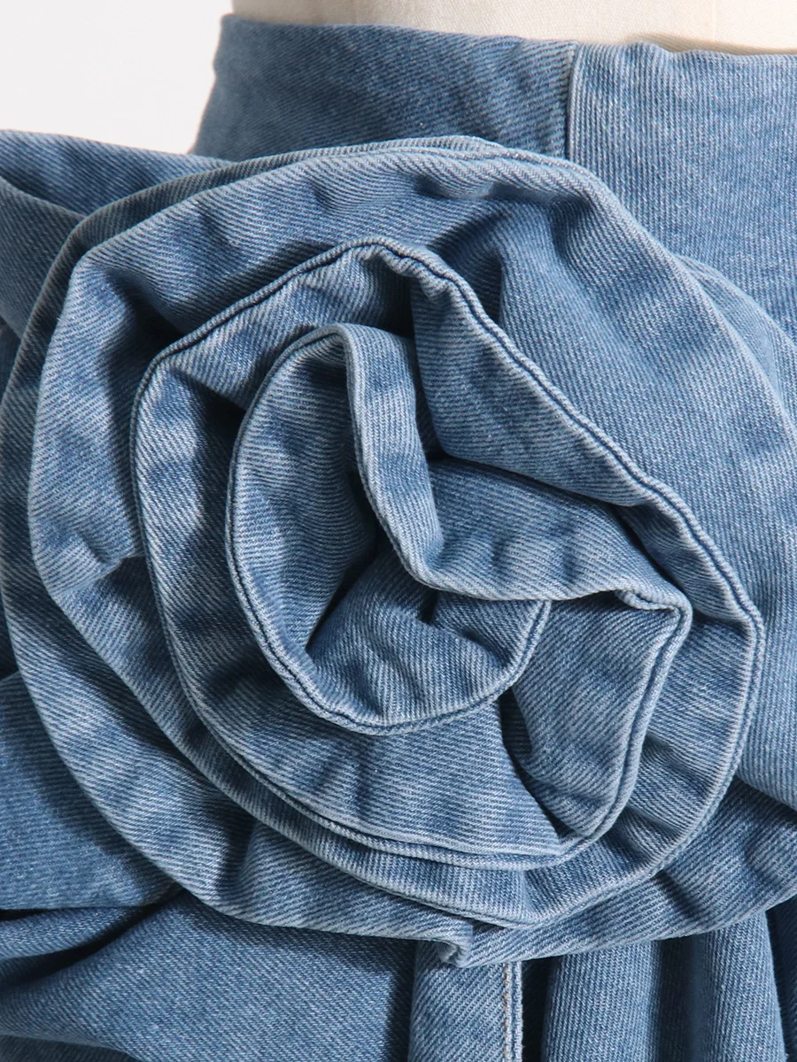 Toloer Toloer Spring New Stereo Rose Decorative Design Sense High Waist Show Thin Denim Skirt Women's A Word Wrap Hip Skirt-Outfit Ideas