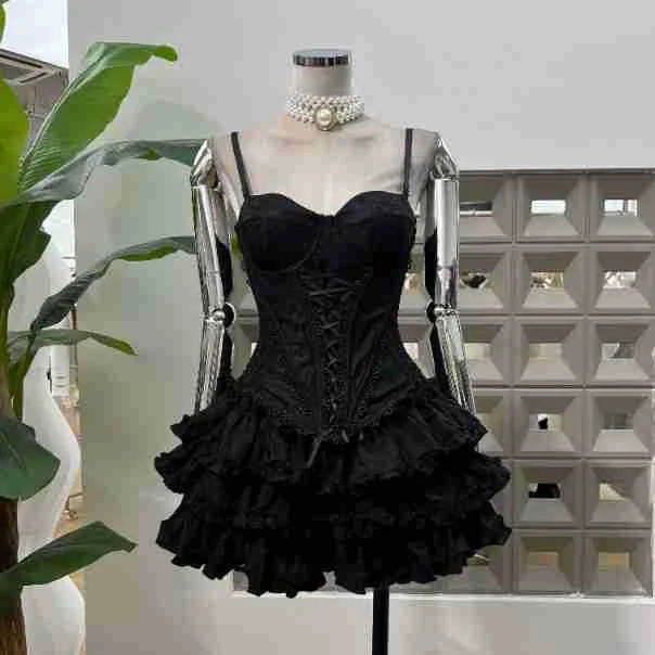 Zingj Age-Retro-Erecent Sweet Summer 2025 Fashion Lace Court Wind Fish Bone Chest + Folded Cake Half-Skirt Women Ins