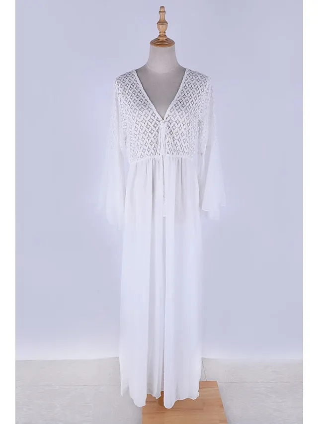 Boho Dress Cover Beach Wear Long Maxi Mesh Patchwork Fashion Modern Plain Neck Sleeve
