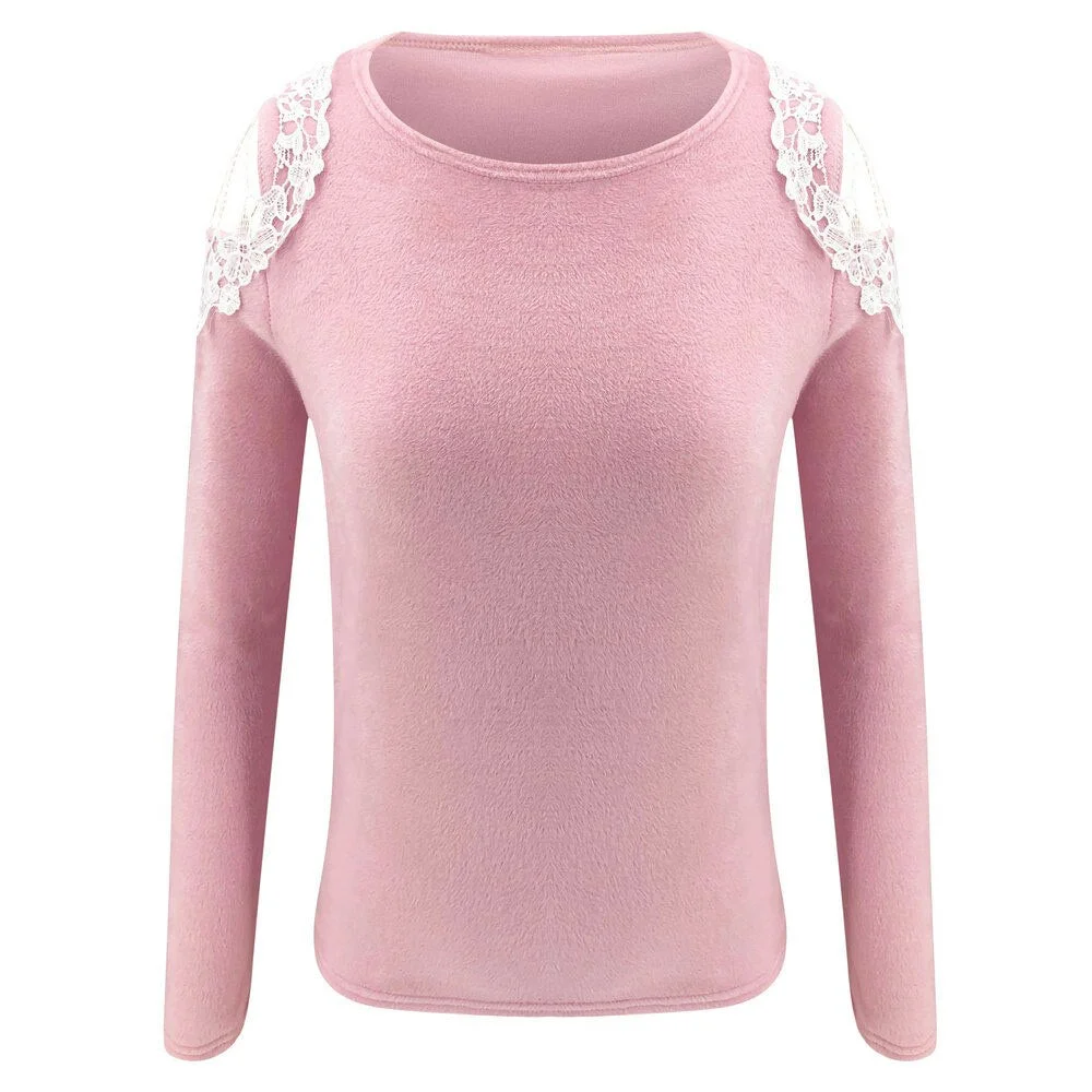 Fashion Lace Plush Blouse Off Shoulder Casual Autumn Winter Ladies O-Neck Tops Female Women Long Sleeve Shirt Blusas Pullover