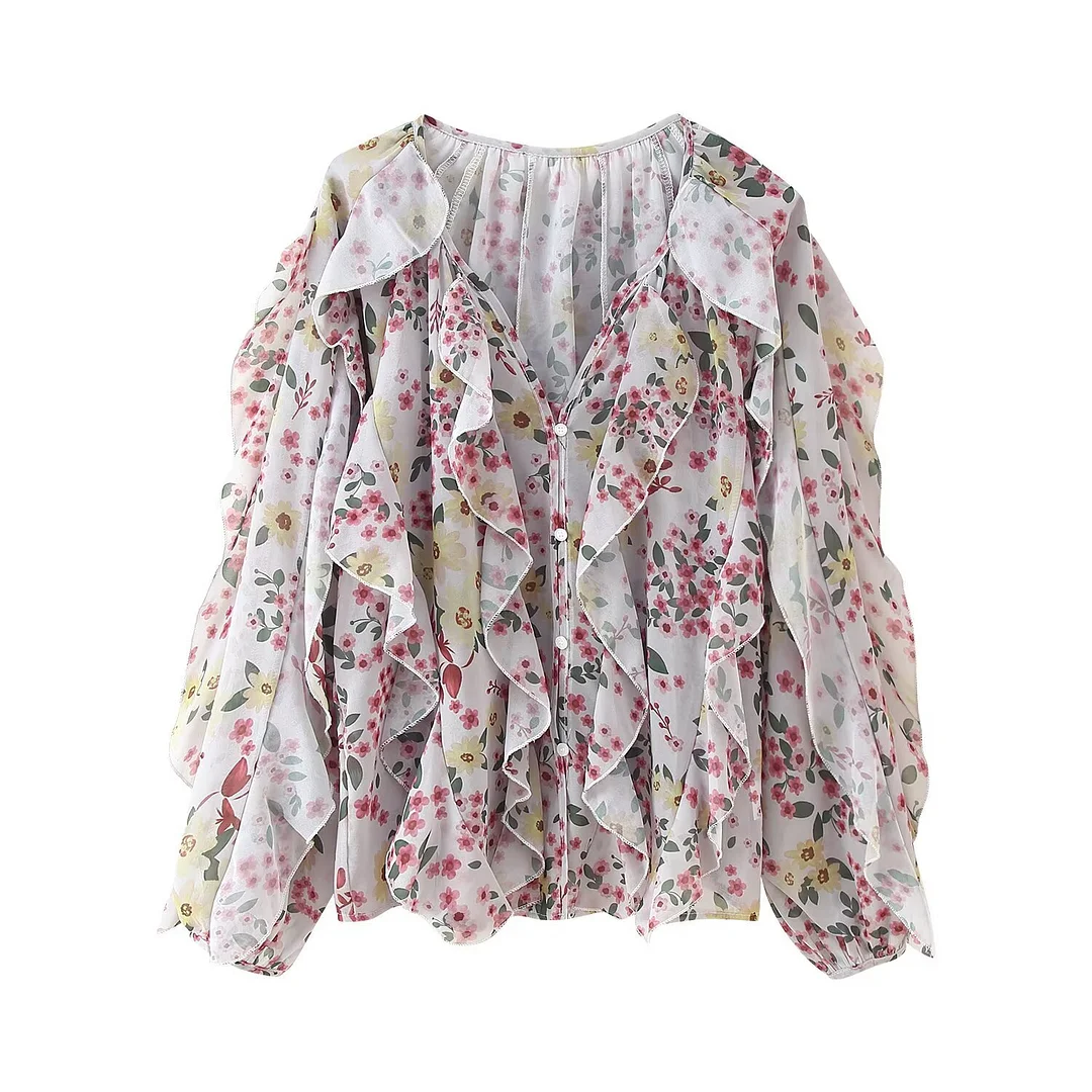 Nigikala Nigikala Women's V-Neck Folding Trim Shirt Long-Sleeved Top Loose Woman