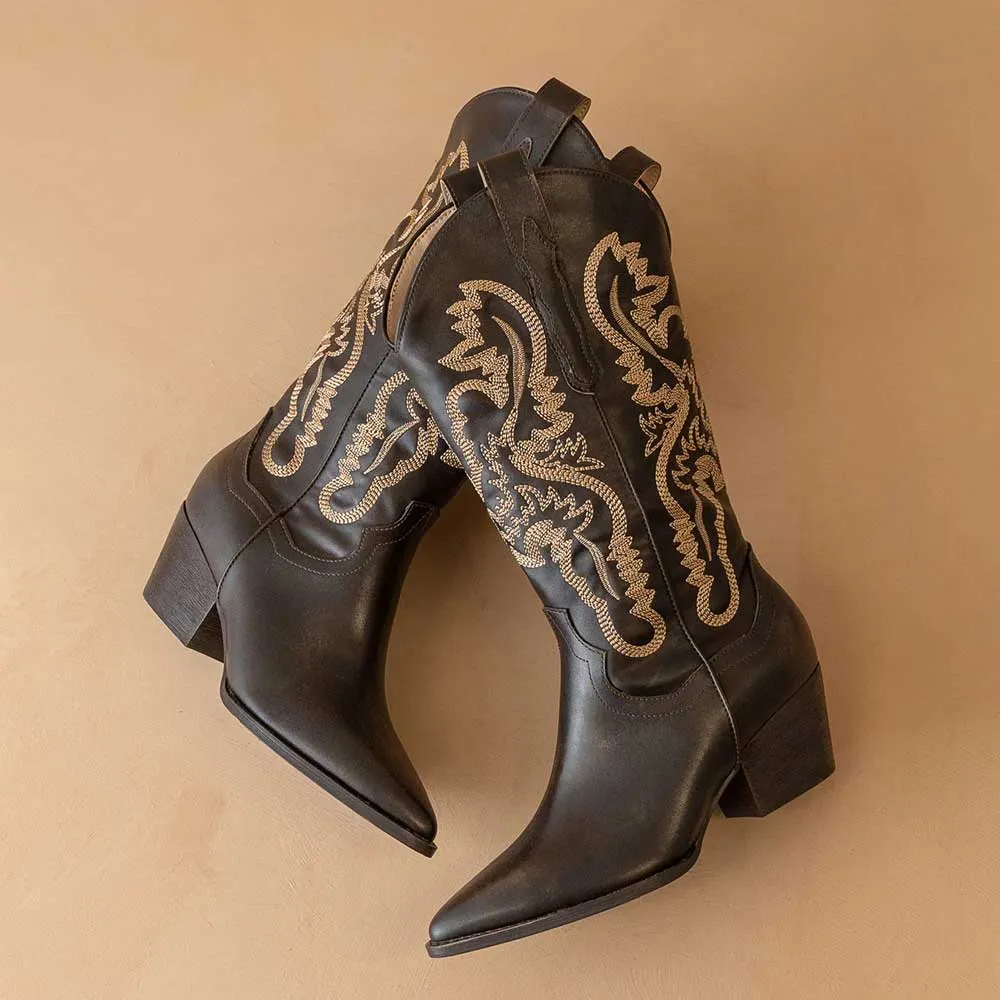 Chic Black Pull On Mid Calf Women's Western Boots with Embroidered