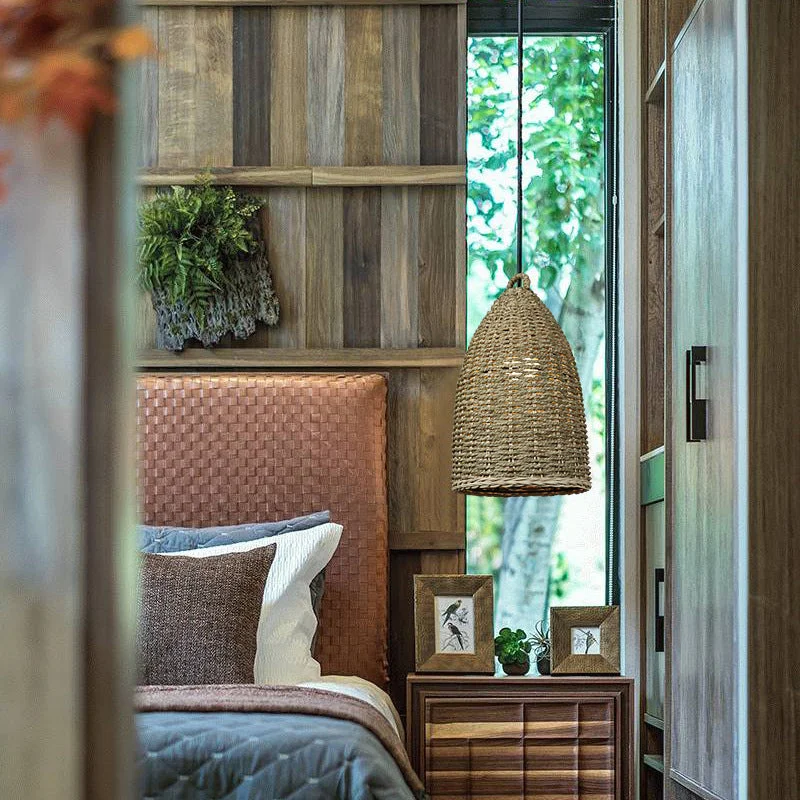 Rattan Bell Pendant Light Rustic Hanging Lampshade For Bedroom