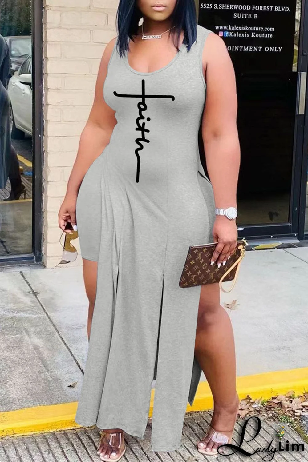 Grey Fashion Sexy Print Slit Vests U Neck Sleeveless Two Pieces