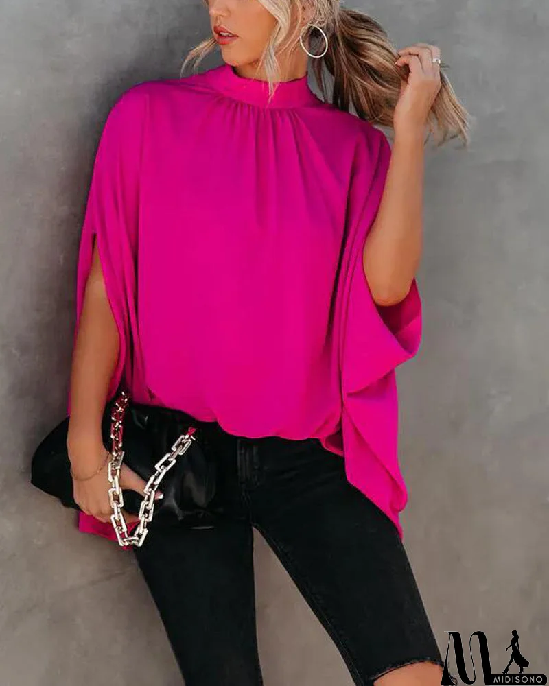 MidiSono - Solid Color Loose Design Flared Sleeve Top