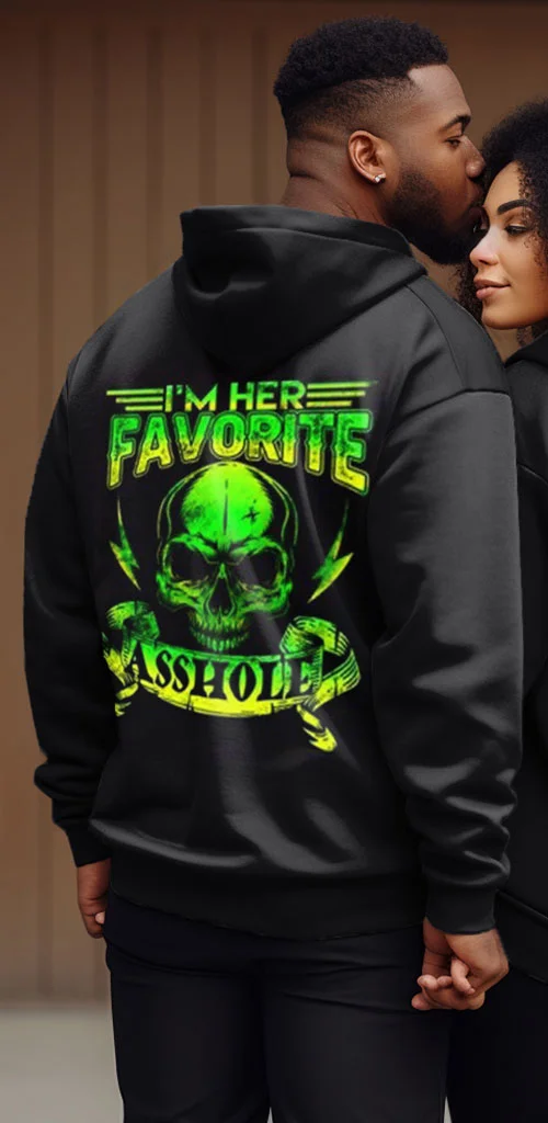 Couple's Plus Size Skull Lip Couple Hoodie I Am Her Favorite Asshole I Am His Favorite Bitch Long Sleeve Hoodie
