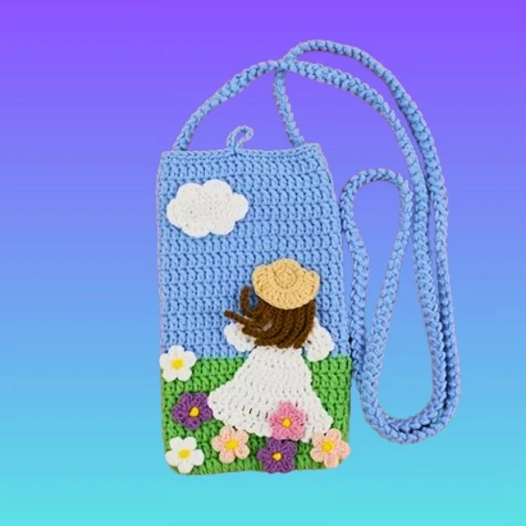 Lulusnow Handmade Blue Oil Painting Style Spring Girl Crochet Bag